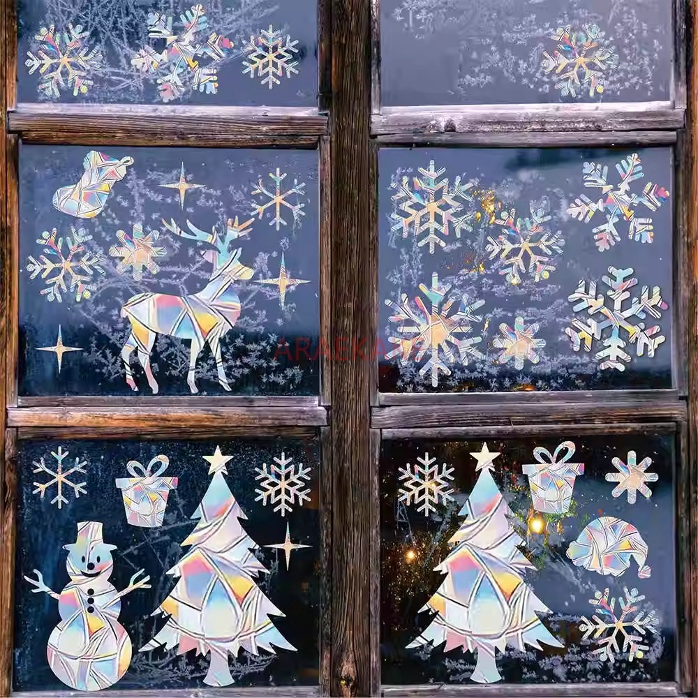 Snowflake Window Decal - 2 set elektrostatische kerstvensterglasstickers met rendieren,